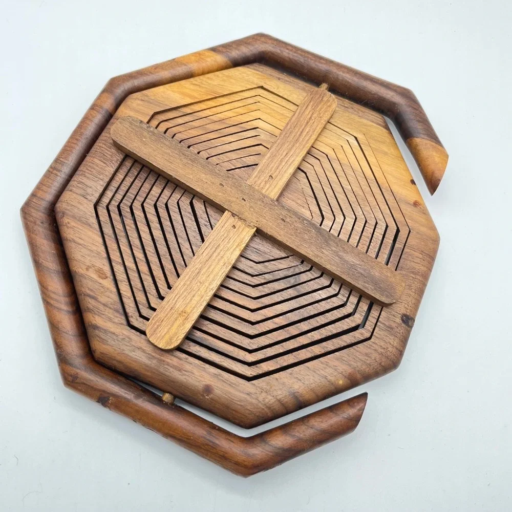 Vintage Wooden Accordion Fruit Basket Hexagonal Foldable Serving‎ Tray Handle